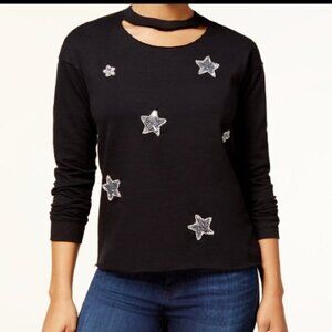 Almost Famous Junior Sequin Star Graphic Choker Sweatshirt Top Black Small S NWT